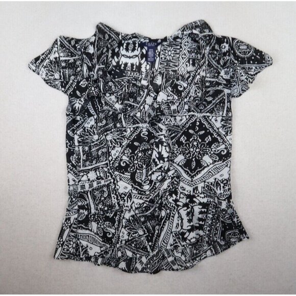 CHAPS - WOMEN'S BLACK & WHITE PRINT RUFFLE CHIFFON BLOUSE - SIZE S - Picture 2 of 8